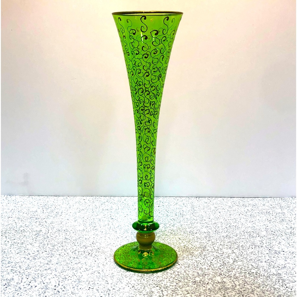 Vintage tall, slim, unique, green and gold floral vase.